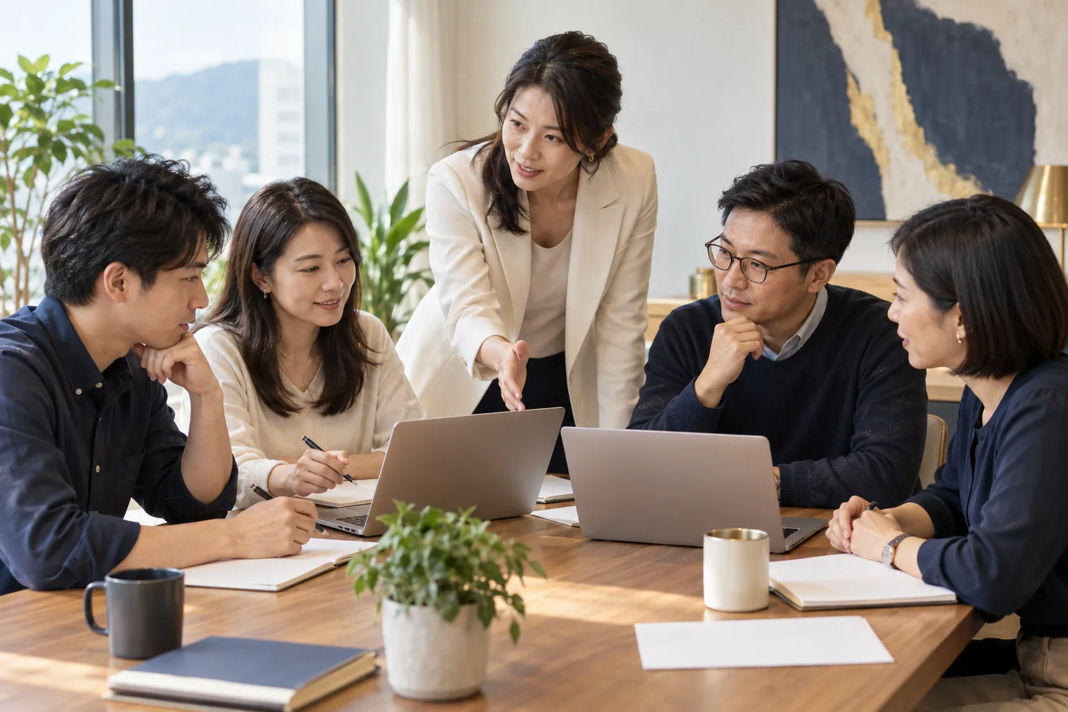 企業學員圍桌操作筆電、討論課堂練習,講師在旁引導的情境示意